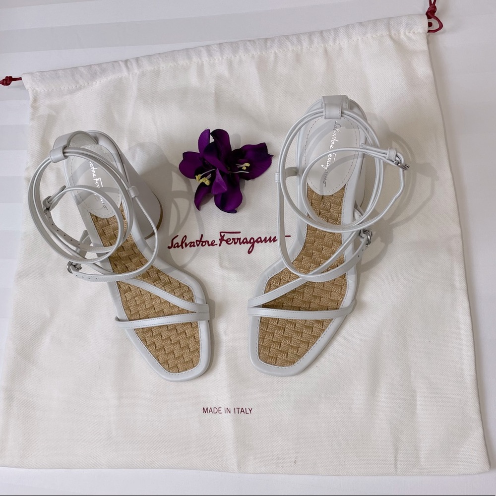 Salvatore Ferragamo Block Heel Sandals. Color white. Size 6.5.
